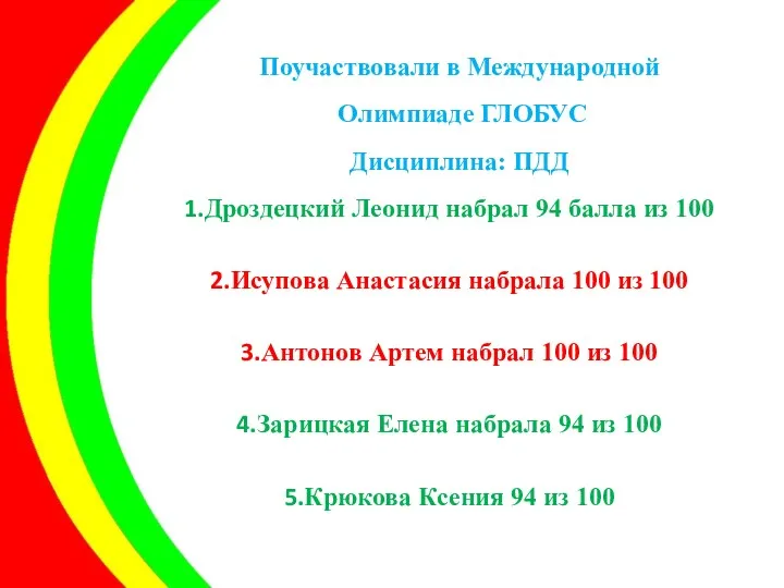 Поучаствовали в Международной Олимпиаде ГЛОБУС Дисциплина: ПДД Дроздецкий Леонид набрал