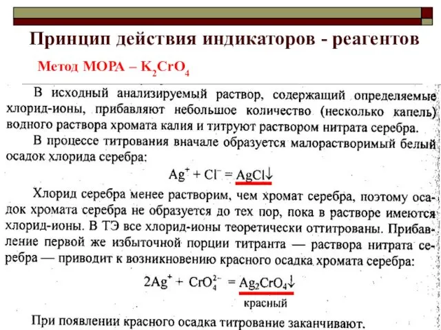 Принцип действия индикаторов - реагентов Метод МОРА – K2CrO4