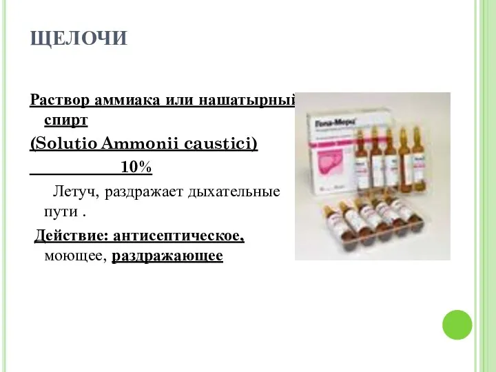 ЩЕЛОЧИ Раствор аммиака или нашатырный спирт (Solutio Ammonii caustici) 10%