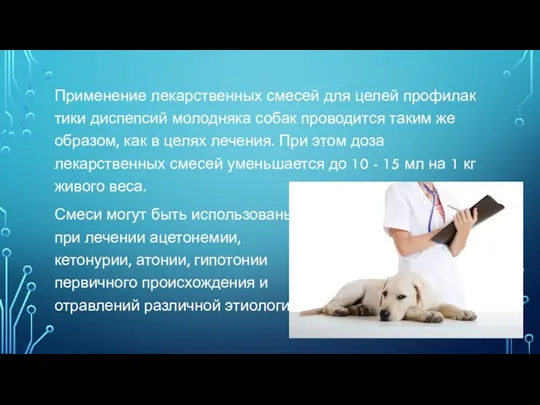 Применение лекарственных смесей для целей профилак­тики диспепсий молодняка собак проводится