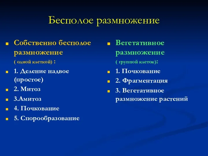 Бесполое размножение Собственно бесполое размножение ( одной клеткой) : 1.