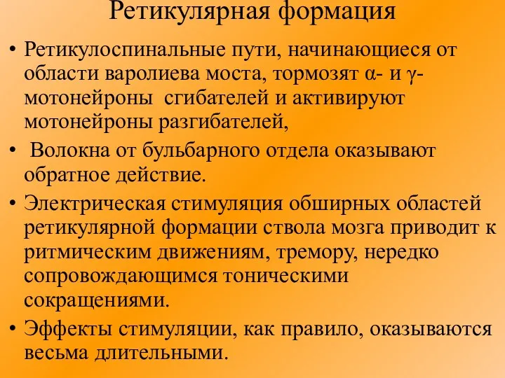 Ретикулярная формация Ретикулоспинальные пути, начинающиеся от области варолиева моста, тормозят