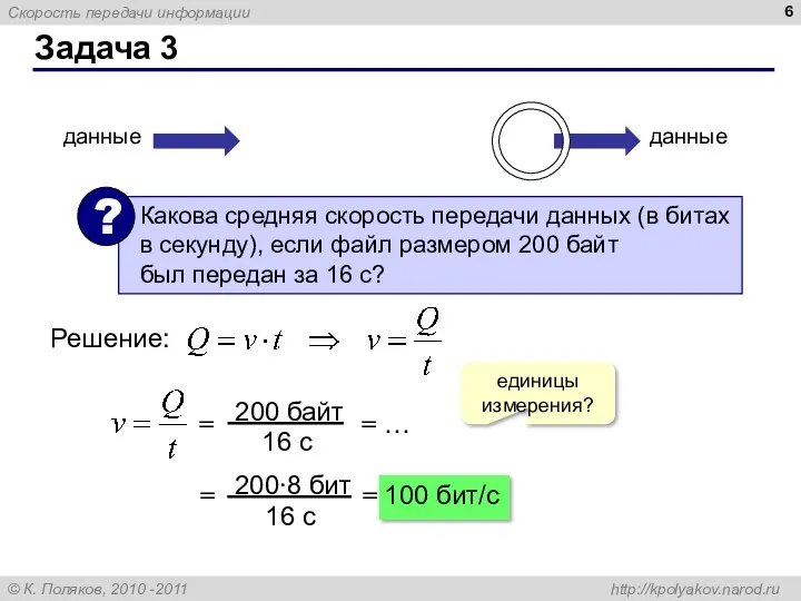 Задача 3 данные данные Решение: единицы измерения? = = … = = 100 бит/c