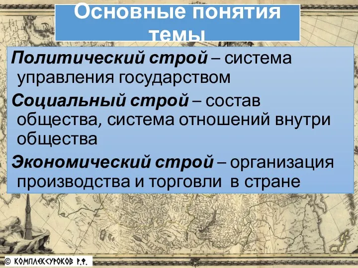 Основные понятия темы Политический строй – система управления государством Социальный