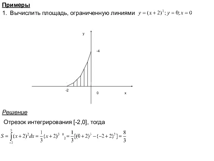 Примеры 1. Вычислить площадь, ограниченную линиями Решение Отрезок интегрирования [-2,0], тогда -2