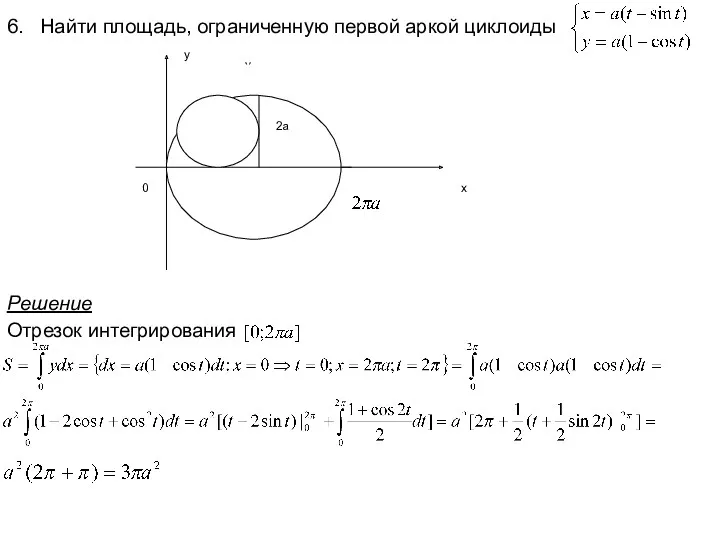 6. Найти площадь, ограниченную первой аркой циклоиды Решение Отрезок интегрирования