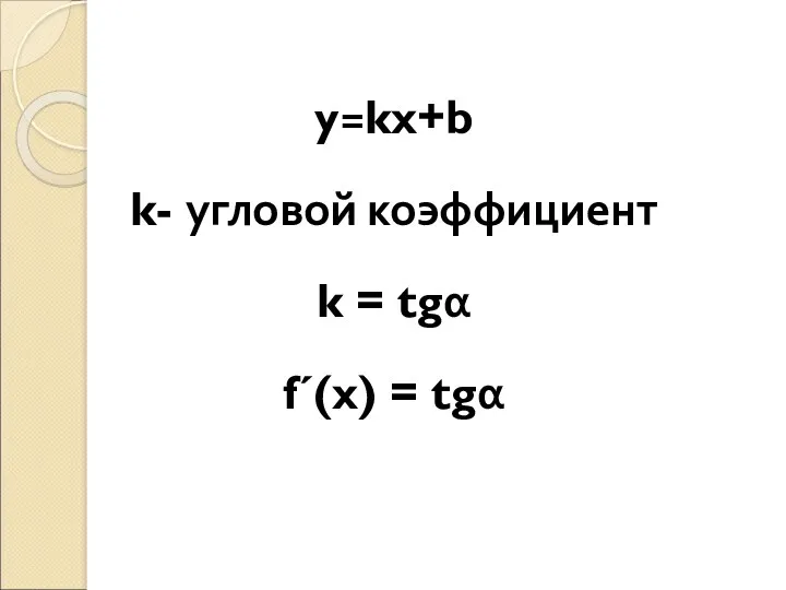 y=kx+b k- угловой коэффициент k = tgα f´(x) = tgα