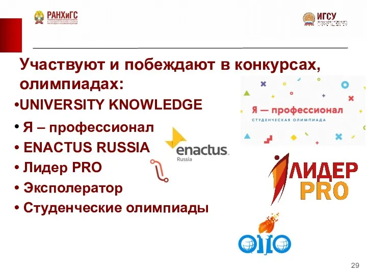 Участвуют и побеждают в конкурсах, олимпиадах: UNIVERSITY KNOWLEDGE Я –