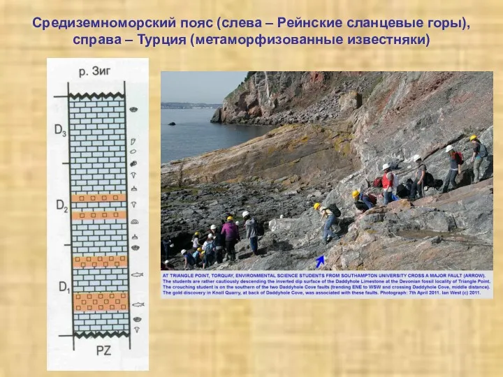 Средиземноморский пояс (слева – Рейнские сланцевые горы), справа – Турция (метаморфизованные известняки)