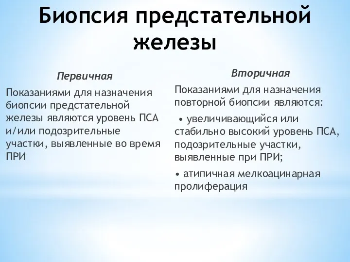 Биопсия предстательной железы Первичная Показаниями для назначения биопсии предстательной железы являются уровень ПСА