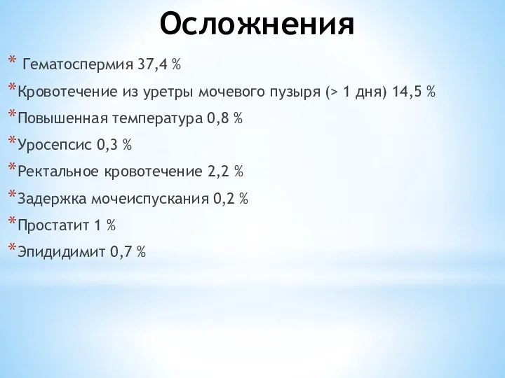 Осложнения Гематоспермия 37,4 % Кровотечение из уретры мочевого пузыря (>