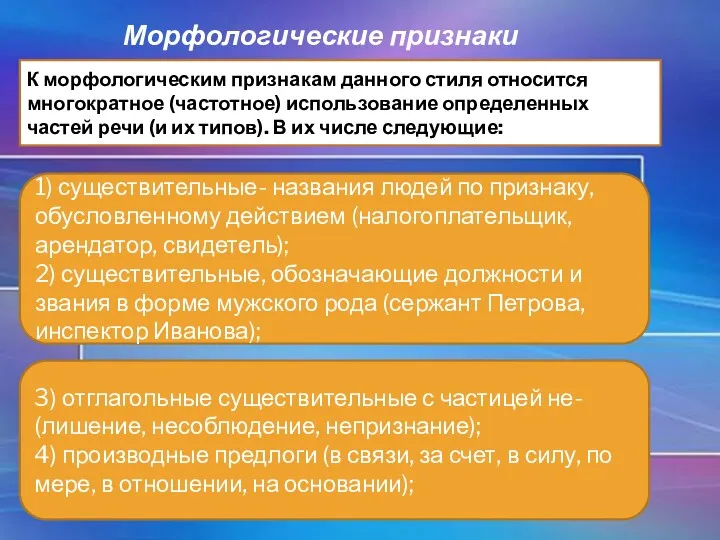 Морфологические признаки К морфологическим признакам данного стиля относится многократное (частотное)