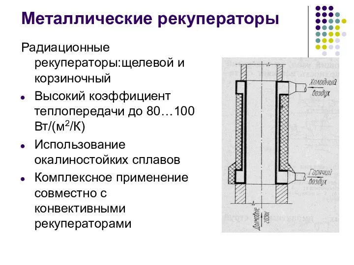 Металлические рекуператоры Радиационные рекуператоры:щелевой и корзиночный Высокий коэффициент теплопередачи до 80…100 Вт/(м2/К) Использование