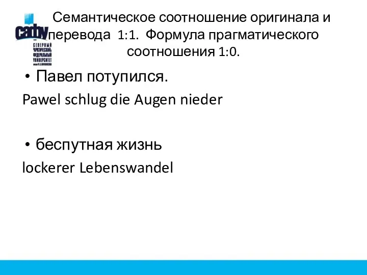 Семантическое соотношение оригинала и перевода 1:1. Формула прагматического соотношения 1:0.