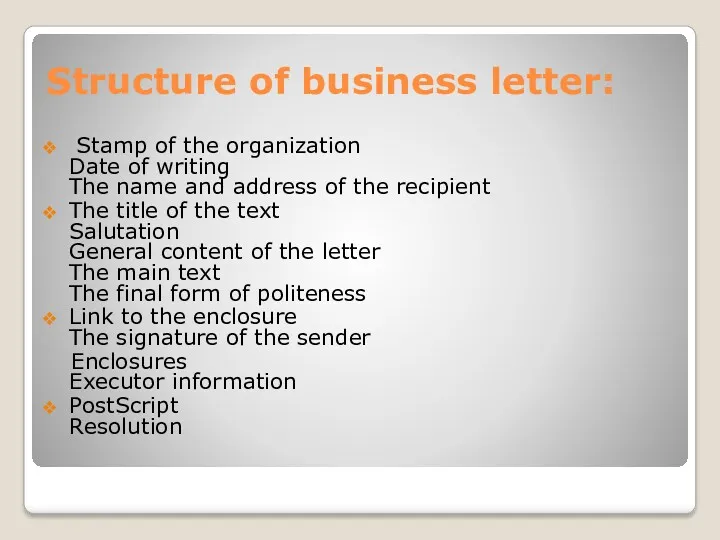 Structure of business letter: Stamp of the organization Date of