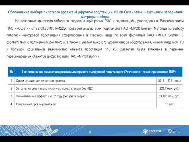 Обоснование выбора пилотного проекта «Цифровой подстанции 110 кВ Сазанлей»». Результаты