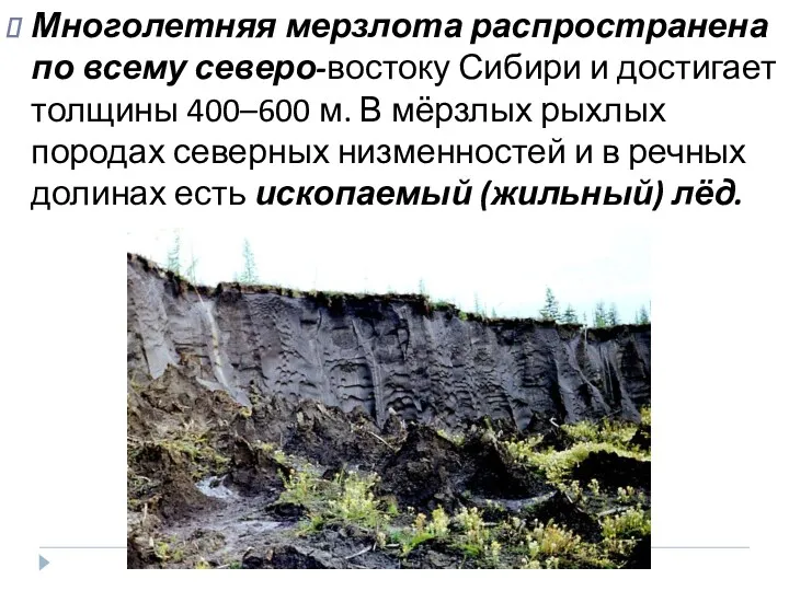 Многолетняя мерзлота распространена по всему северо-востоку Сибири и достигает толщины