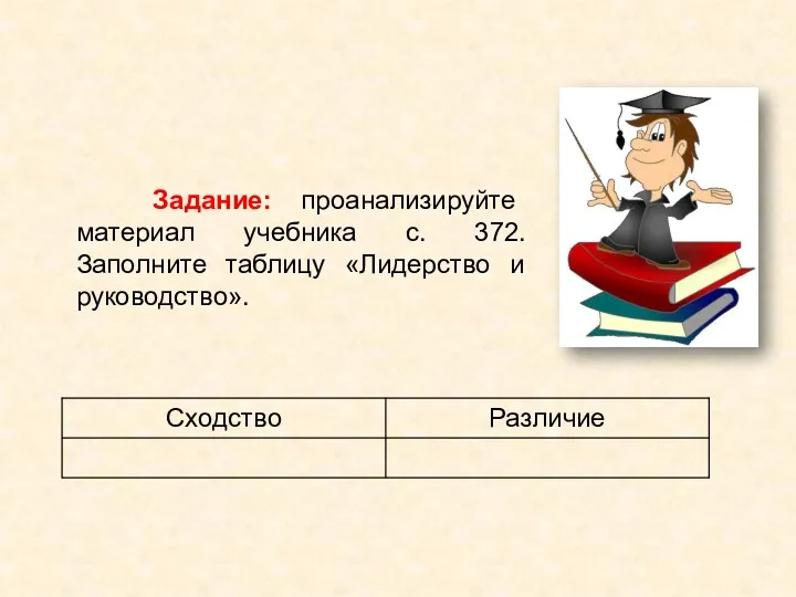 Задание: проанализируйте материал учебника с. 372. Заполните таблицу «Лидерство и руководство».