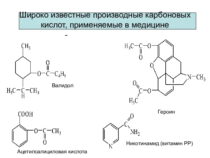 Широко известные производные карбоновых кислот, применяемые в медицине Валидол Ацетилсалициловая кислота Никотинамид (витамин РР) Героин