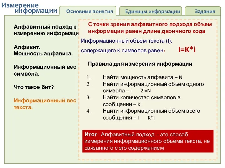 Основные понятия Единицы информации Задания информации Измерение Алфавитный подход к