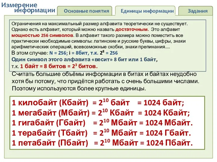 Основные понятия Единицы информации Задания информации Измерение 1 килобайт (Кбайт)