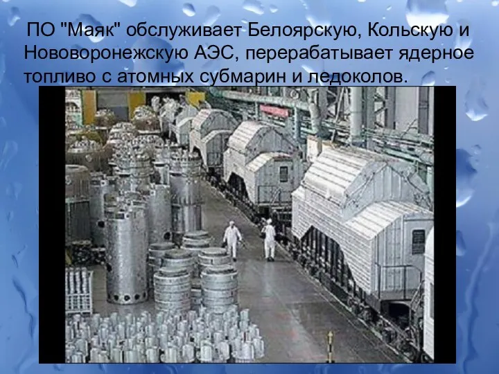 ПО "Маяк" обслуживает Белоярскую, Кольскую и Нововоронежскую АЭС, перерабатывает ядерное топливо с атомных субмарин и ледоколов.