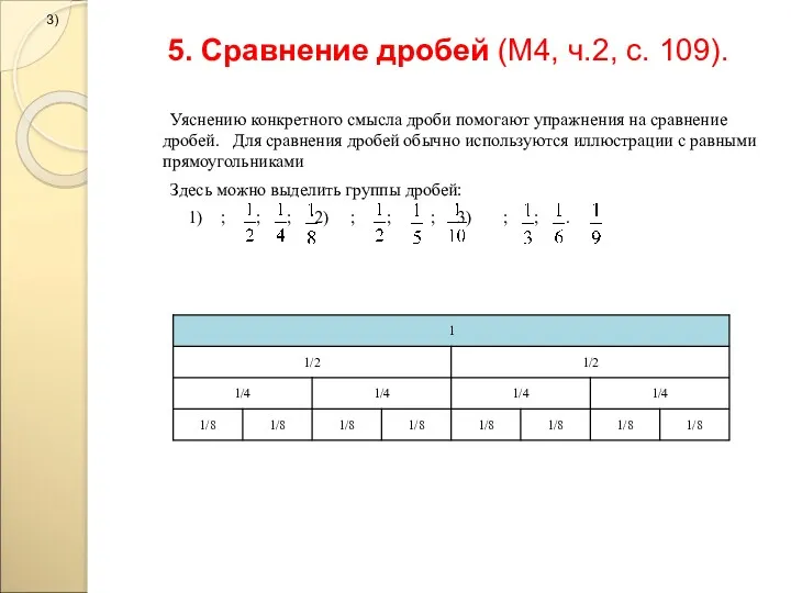 5. Сравнение дробей (М4, ч.2, с. 109). Уяснению конкретного смысла