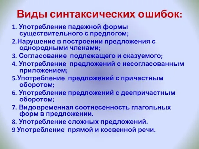 Виды синтаксических ошибок: 1. Употребление падежной формы существительного с предлогом;