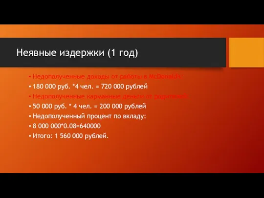 Неявные издержки (1 год) Недополученные доходы от работы в McDonald's: