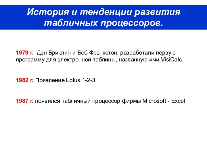История и тенденции развития табличных процессоров. 1979 г. Дэн Бриклин