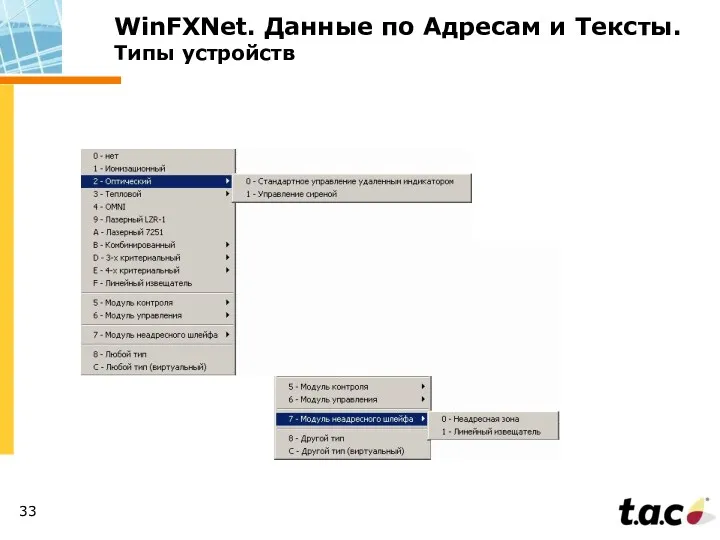 WinFXNet. Данные по Адресам и Тексты. Типы устройств