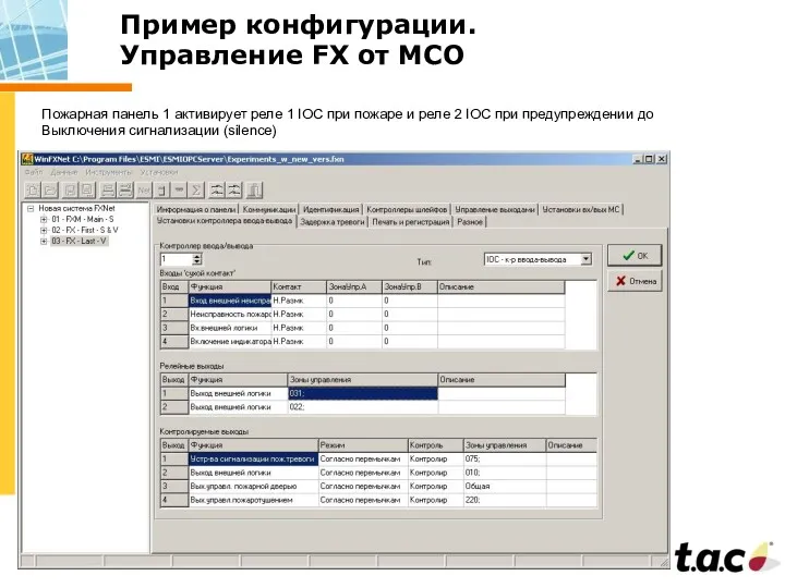 Пример конфигурации. Управление FX от МСО Пожарная панель 1 активирует