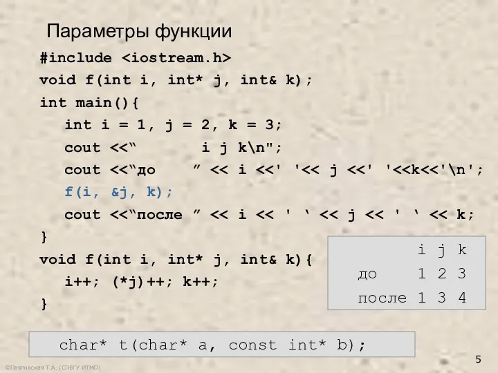 ©Павловская Т.А. (СПбГУ ИТМО) #include void f(int i, int* j,