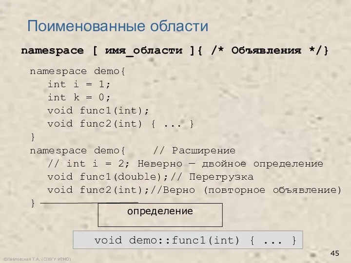 ©Павловская Т.А. (СПбГУ ИТМО) Поименованные области namespace [ имя_области ]{