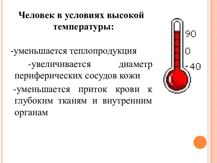 Человек в условиях высокой температуры: -уменьшается теплопродукция -увеличивается диаметр периферических