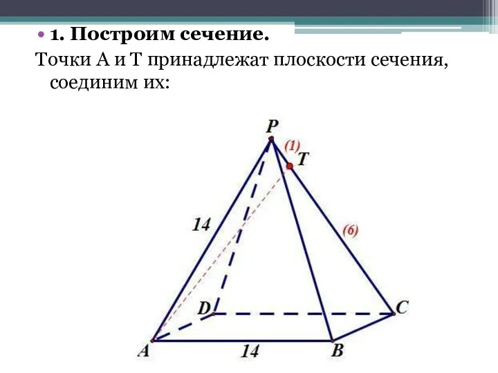 1. Построим сечение. Точки A и T принадлежат плоскости сечения, соединим их: