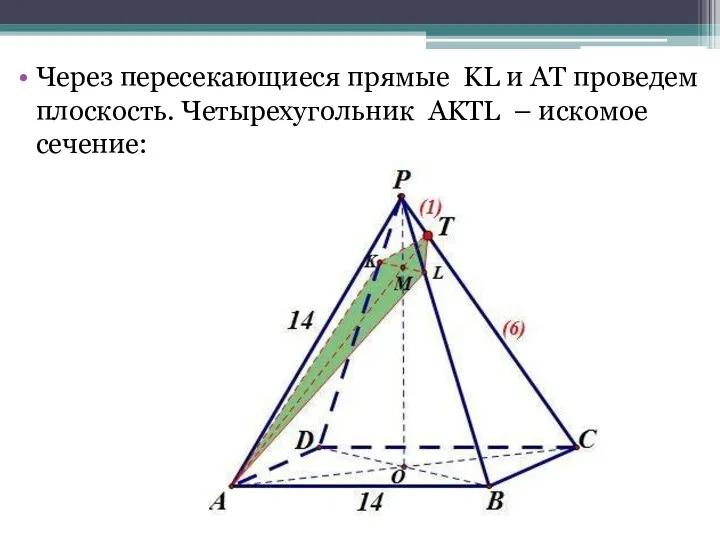 Через пересекающиеся прямые KL и AT проведем плоскость. Четырехугольник AKTL – искомое сечение: