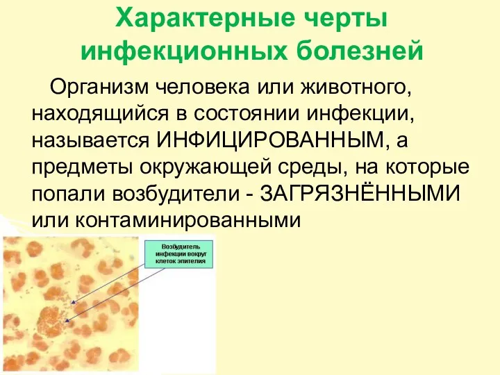 Характерные черты инфекционных болезней Организм человека или животного, находящийся в