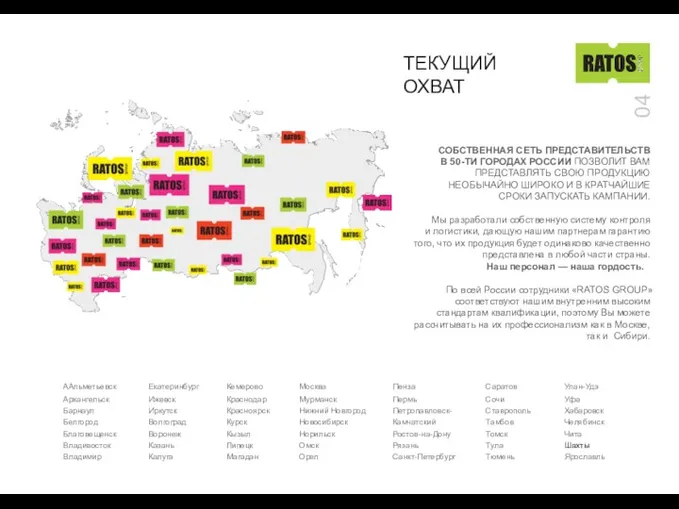 ТЕКУЩИЙ ОХВАТ 04 СОБСТВЕННАЯ СЕТЬ ПРЕДСТАВИТЕЛЬСТВ В 50-ТИ ГОРОДАХ РОССИИ