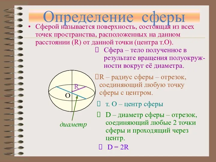 Определение сферы Сферой называется поверхность, состоящая из всех точек пространства,