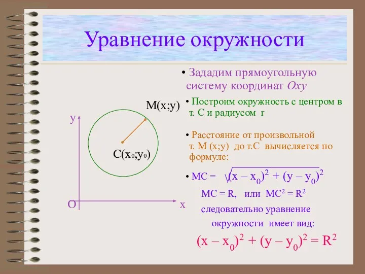 Уравнение окружности С(х0;у0) М(х;у) х у О следовательно уравнение окружности