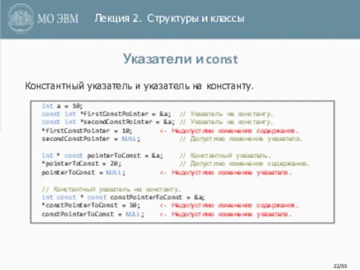 /33 Указатели и const int a = 10; const int