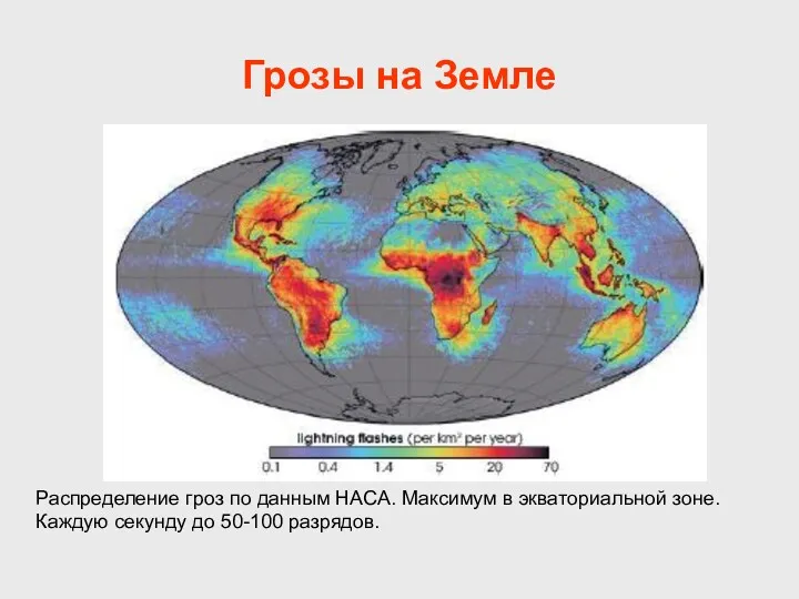 Грозы на Земле Распределение гроз по данным НАСА. Максимум в