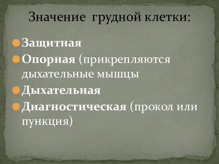 Защитная Опорная (прикрепляются дыхательные мышцы Дыхательная Диагностическая (прокол или пункция) Значение грудной клетки: