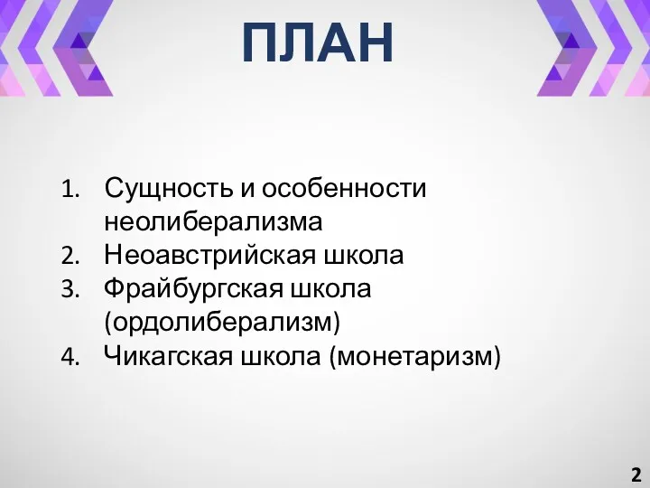 Сущность и особенности неолиберализма Неоавстрийская школа Фрайбургская школа (ордолиберализм) Чикагская школа (монетаризм) ПЛАН