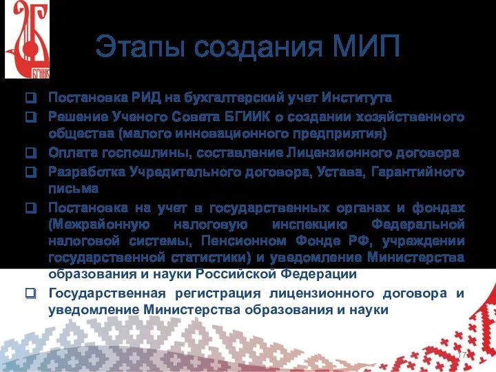 Этапы создания МИП Постановка РИД на бухгалтерский учет Института Решение