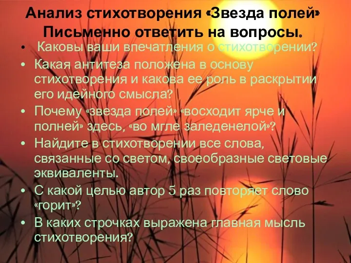 Анализ стихотворения «Звезда полей» Письменно ответить на вопросы. Каковы ваши