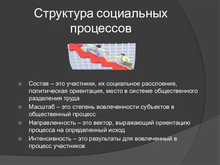 Структура социальных процессов Состав – это участники, их социальное расслоение,