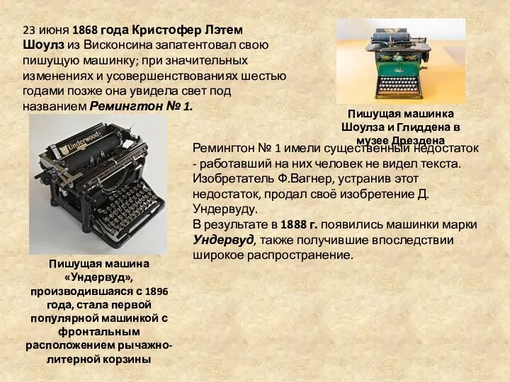 23 июня 1868 года Кристофер Лэтем Шоулз из Висконсина запатентовал