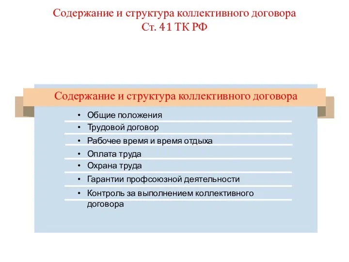 Содержание и структура коллективного договора Ст. 41 ТК РФ Содержание